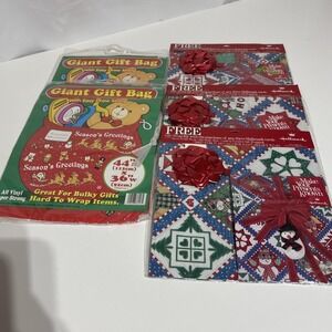 Lot 3 Hallmark Vintage Christmas Wrapping Paper Flat Wrap & 2 Giant Gift Bags